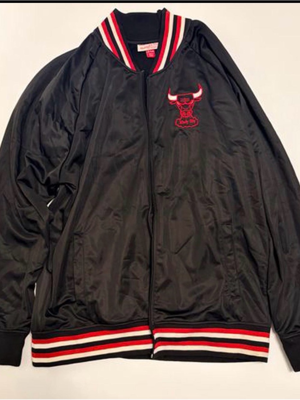 Mitchell & Ness Chicago Bull Black Satin Bulls Bomber Jacket Red & White